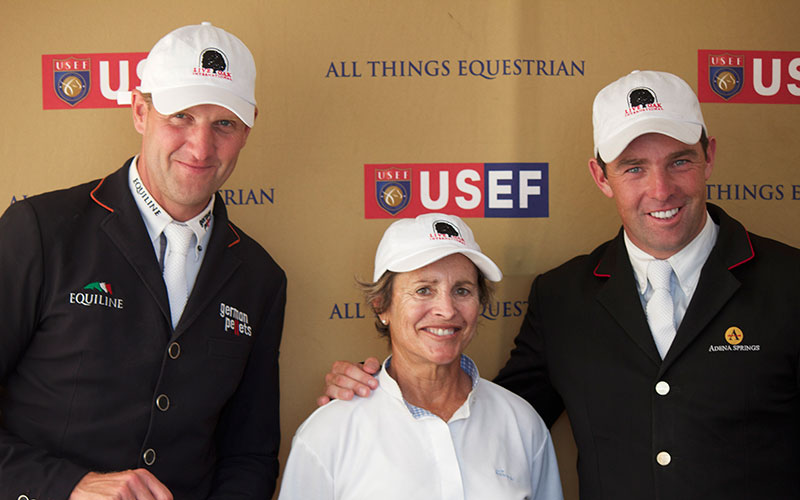 From left to right: Andre Thieme in first place, Margie Goldstein-Engle in third place, and Cian O’Connor in second place after an intense competition in the $34,000 Hollow Creek Farm Winning Round at the 2015 Live Oak Internatonal (Photo courtesy of JRPR